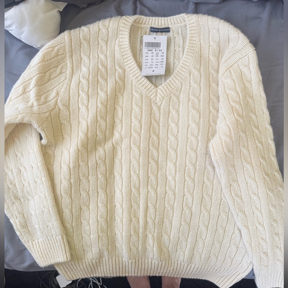 Brandy Melville Nikki oversized wool fisherman cableknit vneck sweater cream